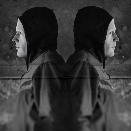 Twin figures against grungy wall background. 3d illustration and photo composite.の写真素材