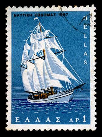GREECE - CIRCA 1967. Vintage postage stamp printed by the Hellenic Post for the Nautical Week shows sailboat at open sea illustration, circa 1967.の写真素材