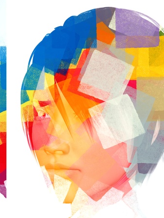 Female portrait and abstract geometric pattern. 3d illustration.の写真素材