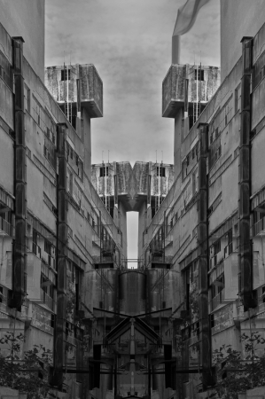 Futuristic ruins industrial structure abstract multiple exposure. Black and white. Futuristic ruins industrial structure abstract multiple exposure. Black and white.