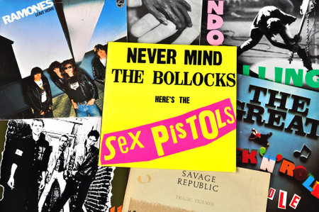 ATHENS, GREECE - MARCH 6, 2014  Punk rock music vintage vinyl records from the late 70s and early...