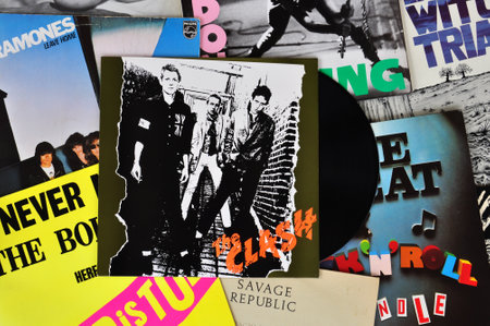 ATHENS, GREECE - MARCH 6, 2014  Vinyl records of punk rock bands and the debut album by The Clash...