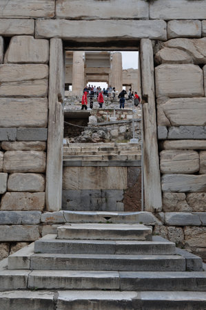 ATHENS, GREECE - MAY 6, 2014  The Beule Gate and view of Propylaia west entrance to the Acropolis, Athens Greece  のeditorial素材