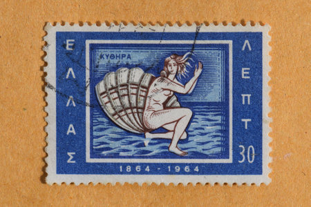 GREECE  CIRCA 1964: Birth of Venus illustration on vintage postage stamp ancient greek goddess of beauty and love Aphrodite rises from the sea on scallop shell. Printed by the Hellenic Post.のeditorial素材