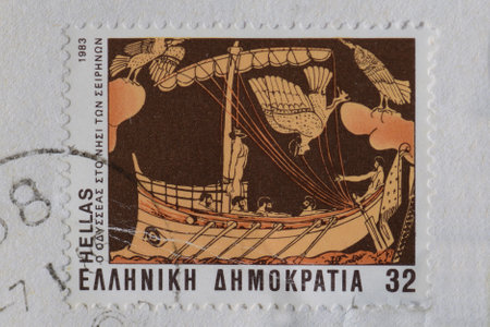 GREECE  CIRCA 1983: Ulysses tied to ship mast hears the enchanting sirens song mythical creature half woman half bird hybrid. Odyssey scene detail from ancient greek vase on vintage postage stamp printed by the Hellenic Post.のeditorial素材