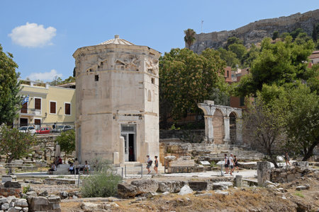 People visiting tower of the winds. Ancient Agora of Athens, Greece.のeditorial素材