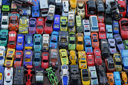 ATHENS, GREECE - SEPTEMBER 14, 2018: Vintage miniature toy cars background. Scale models collection at street market.のeditorial素材