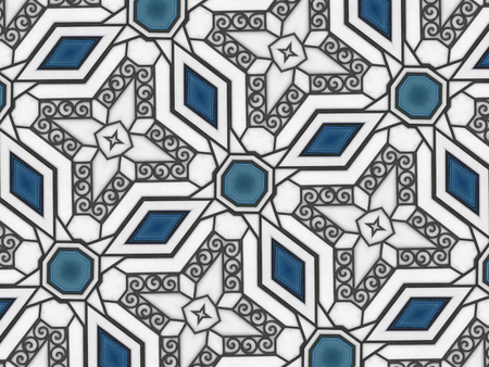 Detailed geometric pattern with blue shapes and spiral motif. Abstract background.
