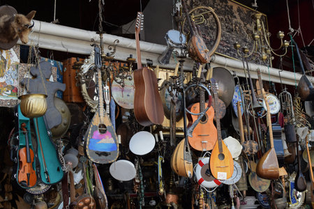 ATHENS, GREECE - AUGUST 29, 2018: Vintage musical instruments and antique objects at traditional...