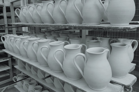 Shelves with ceramic pottery water pitchers left out to dry before firing. Black and white tint.の写真素材