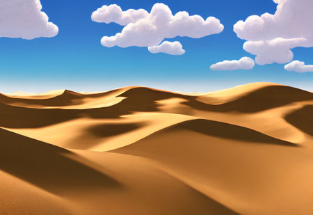 Desert sand dunes landscape and blue sky horizon. Generative AI illustration.の素材