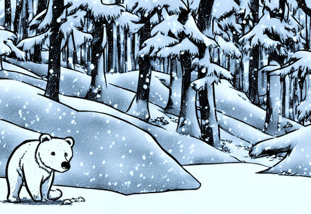 White bear cub wandering in snow covered wintertime forest. Generative AI illustration.の素材