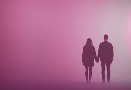 Man and woman young couple in love walking into pink mist. Generative AI illustration.の素材