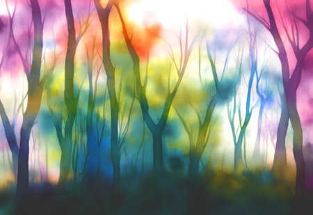 Forest trees with abstract watercolor splotches and psychedelic colors. Generative AI illustration.の素材