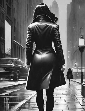 Woman with black leather coat walking on downtown city street. Generative AI illustration.の素材
