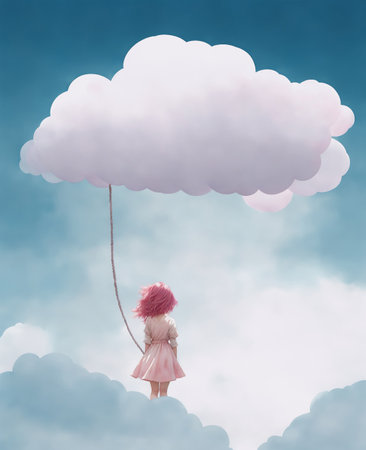 Girl holding white fluffy cloud with string like a balloon. Generative AI illustration.の素材