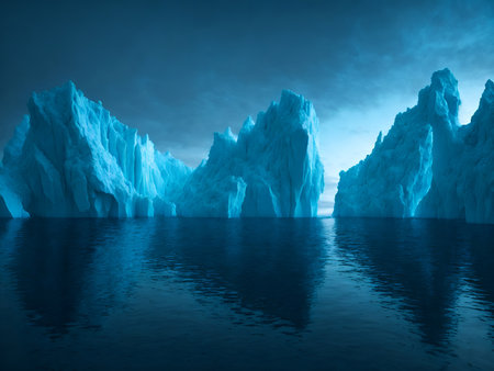 Icebergs reflected on ocean water arctic landscape. Generative AI illustration.の素材
