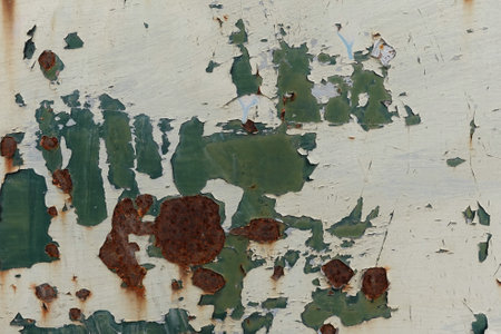 Flaking peeling paint on rusty metal surface. Abstract worn background with copyspace.