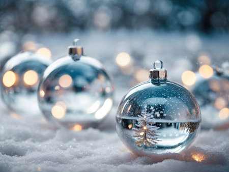 Christmas tree reflected in transparent decorative baubles on icy snow and bokeh blur festive lights.の素材