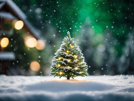 Christmas tree with lights and snow falling over small house on cold winter night.の素材