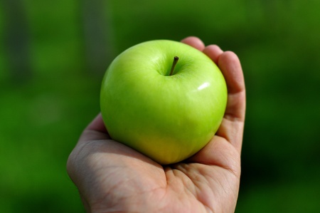 green apple on hand の写真素材