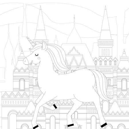 Unicorn .Colored book. Horse head sleep. . Black and white sticker, icon isolated. Cute magic cartoon fantasy animal. Dream symbol. Design for children, baby room interior, scandinavianのeditorial素材