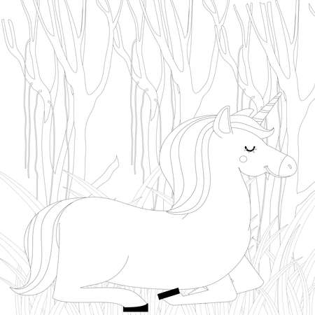Unicorn .Colored book. Horse head sleep. . Black and white sticker, icon isolated. Cute magic cartoon fantasy animal. Dream symbol. Design for children, baby room interior, scandinavianのeditorial素材