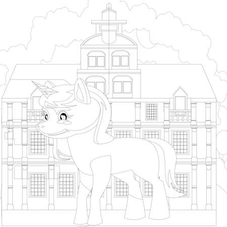 Unicorn .Colored book. Horse head sleep. . Black and white sticker, icon isolated. Cute magic cartoon fantasy animal. Dream symbol. Design for children, baby room interior, scandinavianのeditorial素材