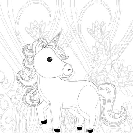 Unicorn .Colored book. Horse head sleep. . Black and white sticker, icon isolated. Cute magic cartoon fantasy animal. Dream symbol. Design for children, baby room interior, scandinavianのeditorial素材