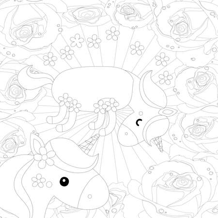 : Unicorn .Colored book. Horse head sleep. . Black and white sticker, icon isolated. Cute magic cartoon fantasy animal. Dream symbol. Design for children, baby room interior, scandinavianのeditorial素材