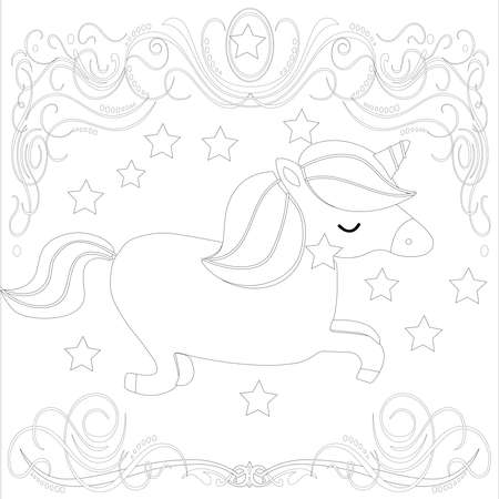 : Unicorn .Colored book. Horse head sleep. . Black and white sticker, icon isolated. Cute magic cartoon fantasy animal. Dream symbol. Design for children, baby room interior, scandinavianのeditorial素材