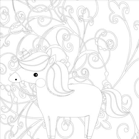 : Unicorn .Colored book. Horse head sleep. . Black and white sticker, icon isolated. Cute magic cartoon fantasy animal. Dream symbol. Design for children, baby room interior, scandinavianのeditorial素材
