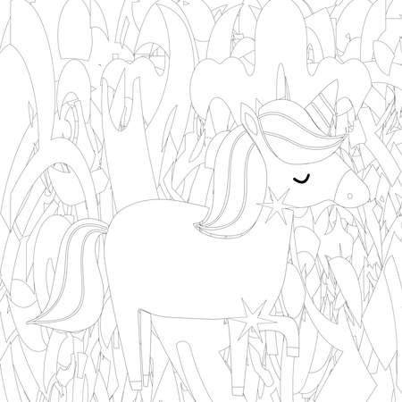 : Unicorn .Colored book. Horse head sleep. . Black and white sticker, icon isolated. Cute magic cartoon fantasy animal. Dream symbol. Design for children, baby room interior, scandinavianのeditorial素材