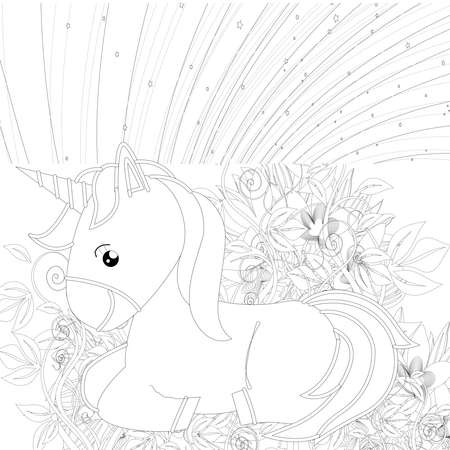 : Unicorn .Colored book. Horse head sleep. . Black and white sticker, icon isolated. Cute magic cartoon fantasy animal. Dream symbol. Design for children, baby room interior, scandinavianのeditorial素材