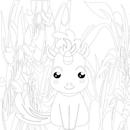 : Unicorn .Colored book. Horse head sleep. . Black and white sticker, icon isolated. Cute magic cartoon fantasy animal. Dream symbol. Design for children, baby room interior, scandinavianのeditorial素材