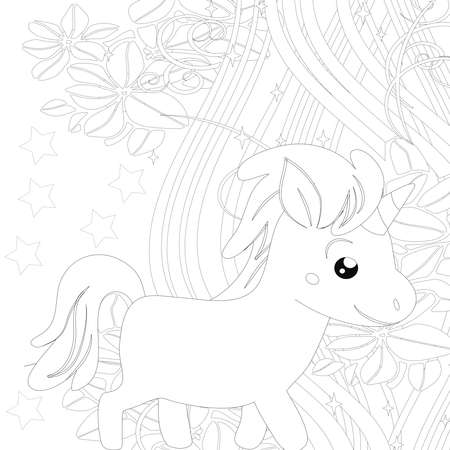 : Unicorn .Colored book. Horse head sleep. . Black and white sticker, icon isolated. Cute magic cartoon fantasy animal. Dream symbol. Design for children, baby room interior, scandinavianのeditorial素材