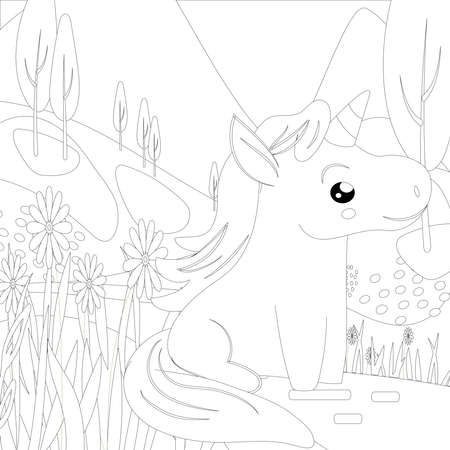 : Unicorn .Colored book. Horse head sleep. . Black and white sticker, icon isolated. Cute magic cartoon fantasy animal. Dream symbol. Design for children, baby room interior, scandinavianのeditorial素材