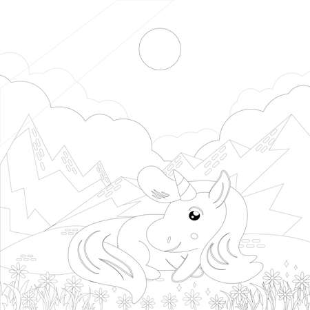 : Unicorn .Colored book. Horse head sleep. . Black and white sticker, icon isolated. Cute magic cartoon fantasy animal. Dream symbol. Design for children, baby room interior, scandinavianのeditorial素材