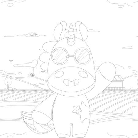 : Unicorn .Colored book. Horse head sleep. . Black and white sticker, icon isolated. Cute magic cartoon fantasy animal. Dream symbol. Design for children, baby room interior, scandinavianのeditorial素材