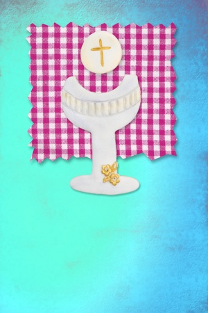 vertical card first communion, cute chalice and wafer for girlsの写真素材