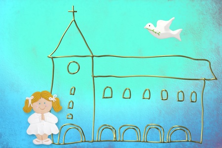 first communion card, cute blonde doll, church and dove on a blue background colorの写真素材