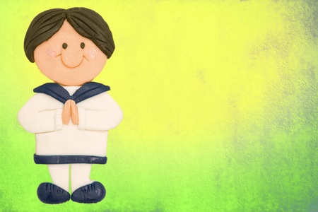 greeting invitation card, first communion, child brown ,colorful backgroundの写真素材