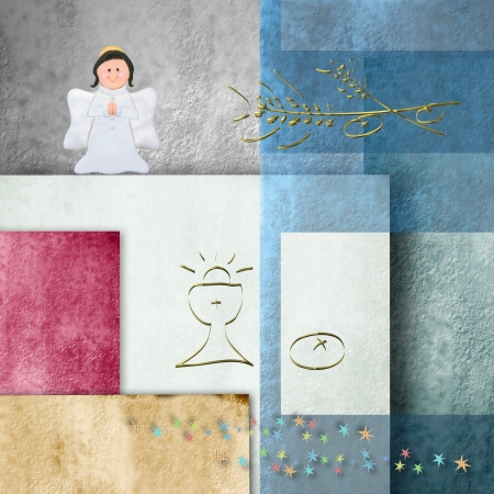 first communion card, angel, chalice and spikes in background paper cutsの写真素材