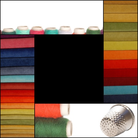 Empty frame background sewing, fabrics, thimble, thread