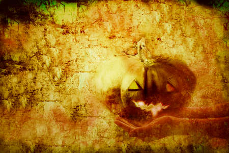 Halloween pumpkin in the hands grunge backgroundの写真素材