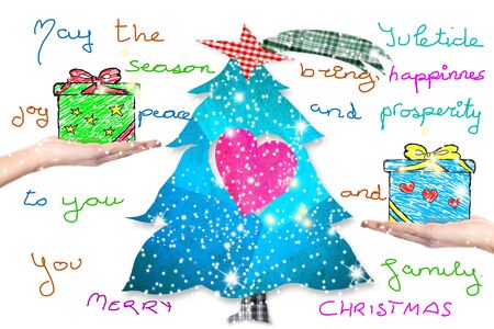 Christmas greeting postcard, tree, gifts and children handwriting christmas messageの写真素材