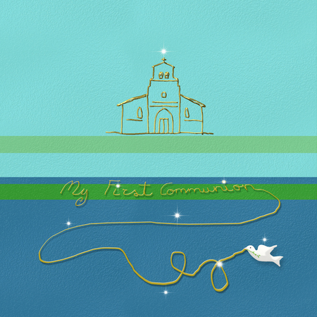 My first Communion background for boy, church and dove on bright colors blue  backgroundの写真素材