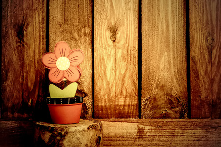 Flower and wooden wall with copy space for messageの写真素材