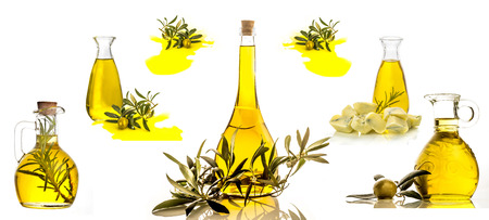 Extra virgin olive oil isolated on white background, collection set of glass bottles and jars of...