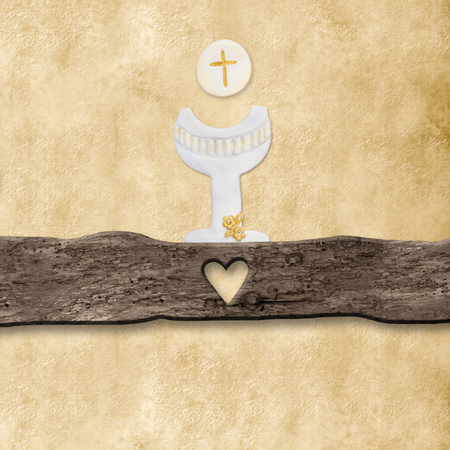 First Holy Communion invitations, chalice  on rustic background with copy space.の写真素材